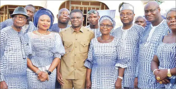  ??  ?? L-R: Mr. Fred Akokhia; Chairperso­n, Nigeria Women Football League, Aisha Falode; Deputy Governor Edo State, Rt. Hon Phillip Shaibu; Mrs. Sumbi Awobuluyi; Dr. Suleiman Akokhia; Isah Akokhia; and Hauwa Bolodeoku; at the forty days fidau for their late...