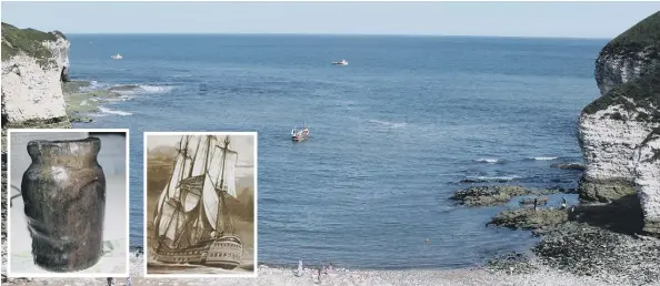  ??  ?? Viewpoint on Battle of Flamboroug­h Head, between the Bonhomme Richard and HMS Serapis. Inset, the wooden relic and the ship of John Paul Jones