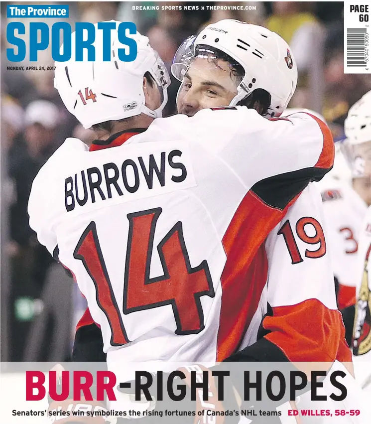  ?? — GETTY IMAGES ?? Ex-Canuck Alex Burrows celebrates with Derick Brassard after the Ottawa Senators eliminated the Boston Bruins in overtime of Game 6 on Sunday.