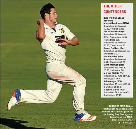  ?? PHOTO: PAUL KANE/ GETTY IMAGES ?? SURPRISE PICK: Hilton Cartwright has been called into the Australian squad for the Boxing Day Test against Pakistan at the MCG.