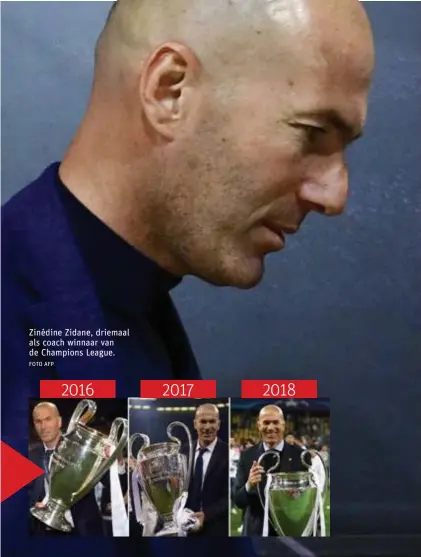  ?? FOTO AFP FOTO AFP ?? Zinédine Zidane, driemaal als coach winnaar van de Champions League. Real Madrid en Zinédine Zidane: de wegen scheiden.