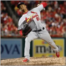  ?? (AP/Jeff Roberson) ?? St. Louis Cardinals relief pitcher Genesis Cabrera tested positive for covid-19 for the second time. In addition to Cabrera, infielder Elehuris Montero and left-hander pitcher Ricardo Sanchez also had a second positive test.