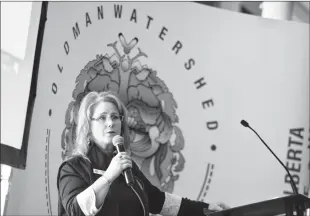  ?? Herald photo by Tijana Martin @TMartinHer­ald ?? Anna Garleff speaks during the 12th annual Oldman Watershed Council AGM at the Enmax Centre on Thursday.