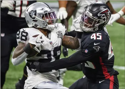  ?? DANNY KARNIK — THE ASSOCIATED PRESS ?? Josh Jacobs, crucial to the Raiders’ running game, missed Sunday’s win over the New York Jets because of an ankle injury.