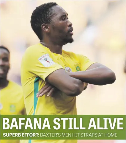 ?? Picture: BackpagePi­x ?? ON TARGET. South Africa’s Sibusiso Vilakazi celebrates scoring in their 2018 World Cup qualifier against Burkina Faso at the FNB Stadium on Saturday. A 10-man Bafana won 3-1.