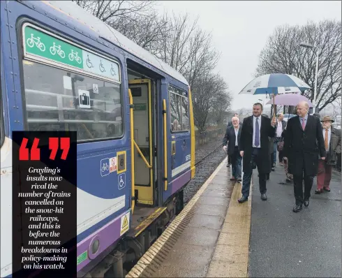  ?? PICTURE: JAMES HARDISTY ?? DELAYS LIKELY: Chris Grayling sees the North’s dated railways for himself, pictured at Colne railway station with local MP Andrew Stephenson.