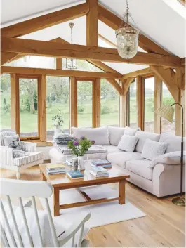  ??  ?? SITTING ROOM/ GARDEN ROOM This new oak-framed living space ofers beautiful country views. Yvonne chose light, neutral shades to maximise the light. sloucher cream chaise sofa, £1,945, Loaf, would also work here. Blenheim large coffee table, £575, neptune, is similar