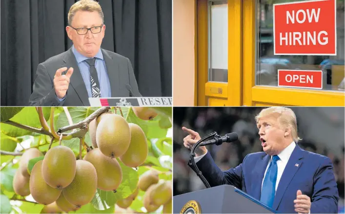  ?? Photos / NZME file, 123RF, AP ?? Positive signs: The Reserve Bank’s rate cuts will make themselves felt this year; demand for labour — and wage growth — is strong; Donald Trump has reached a truce in his trade war with China; and New Zealand’s export prices are buoyant.