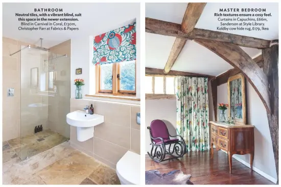  ??  ?? BATHROOM Neutral tiles, with a vibrant blind, suit this space in the newer extension. Blind in Carnival in Coral, £130m, Christophe­r Farr at Fabrics & Papers