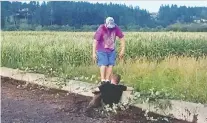  ?? YVONNE MUIR ?? Sean Ferguson struggles in a pool of deep liquid manure to rescue a fawn while Dayton Nixon prepares to help pull it out.