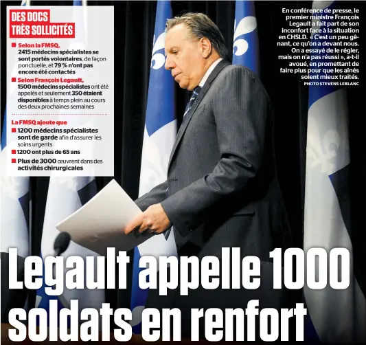  ?? PHOTO STEVENS LEBLANC ?? En conférence de presse, le premier ministre François Legault a fait part de son inconfort face à la situation en CHSLD. « C’est un peu gênant, ce qu’on a devant nous. On a essayé de le régler, mais on n’a pas réussi », a-t-il avoué, en promettant de faire plus pour que les aînés soient mieux traités.