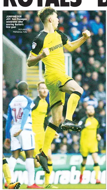  ?? PICTURES: PSI/Holmes Potts ?? JUMPING FOR JOY: Tom Flanagan celebrates after scoring Burton’s first goal