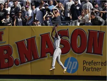  ?? Ap ?? ALL EYES ON HIM: Tampa Bay left fielder Randy Arozarena makes a catch on a fly out by New York Yankees’ Aaron Judge during the third inning on Saturday in New York.