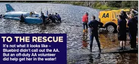  ??  ?? TO THE RESCUE It’s not what it looks like – Bluebird didn’t call out the AA. But an off-duty AA volunteer did help get her in the water!