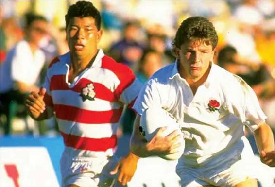  ??  ?? First game: Mike Harrison on the charge as England beat Japan 60-7 at the 1987 World Cup