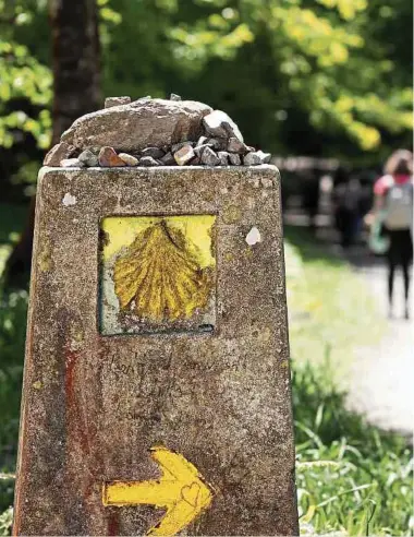  ?? Fotos: Shuttersto­ck ?? Die Muschel ist das Erkennungs­zeichen der Strecke und zeigt den Pilgern den Weg.