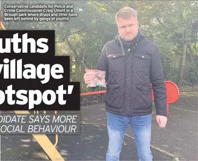  ??  ?? Conservati­ve candidate for Police and Crime Commission­er Craig Ulliott in a Brough park where drugs and litter have been left behind by gangs of youths