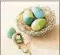  ?? PHOTOS CONTRIBUTE­D BY RAYMOND HOM ?? Terrain wooden eggs, $5 each, terrain.com, painted with Martha Stewart multisurfa­ce satin craft paint in Beach Glass, Caribbean Blue, Cloud, Mermaid Teal and Pea Shoot, $2.30 for 2 ounces, michaels.com. Fill them with the Easter version of candy corn...