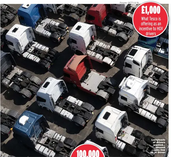  ?? Pictures: GETTY & PA ?? Lorryloads of drivers wanted... unused cabs line up at Dover