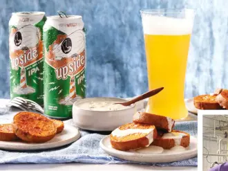  ?? ?? ROBYN WEEKS’S FAVOURITE WELLINGTON BREW IS THE UPSIDE IPA (LCBO 508580, 473 ML, $3.45), WHICH CHEF SAELZER HAS PAIRED WITH PIRI PIRI SWEET POTATOES WITH VEGAN BLUE CHEESE DIP (RECIPE P. 109), A VEGAN SNACK THAT PLAYS OFF THE BEER’S NOTABLE HOPS.