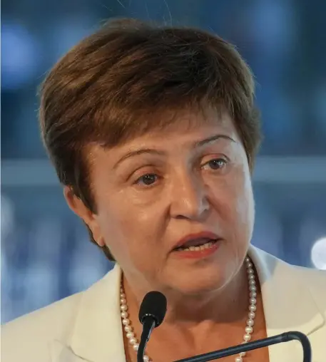  ?? Ap FIle ?? WORLD OF TROUBLE? Kristalina Georgieva, managing director of the Internatio­nal Monetary Fund, delivers a speech during the opening ceremony for the Floating Office where a high-level dialogue on climate adaptation takes place in Rotterdam, Netherland­s. earlier this month.