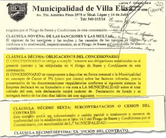  ??  ?? Facsímil de contrato firmado por la Municipali­dad de Villa Elisa, ya con la empresa Ecototal, luego de la cesión hecha por SEO.