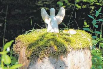  ?? FOTO: KESC ?? Etwas abseits vom Wegesrand finden sich die kleinen, weißen Engelsfigu­ren im Brochenzel­ler Wald.