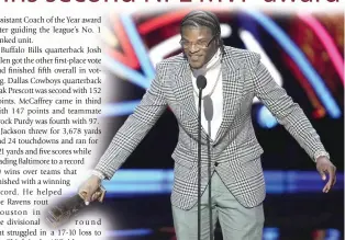  ?? PHOTO BY DAVID J. PHILLIP/AP ?? LEAGUE’S BEST
Baltimore Ravens’ Lamar Jackson, AP Most Valuable Player, speaks during the NFL Honors award show Thursday, Feb. 8, 2024, in Las Vegas.