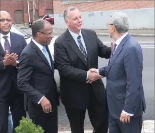  ??  ?? Pawtucket Mayor Donald Grebien thanks Cape Verde President Jorge Carlos Fonseca at the conclusion of Fonseca’s visit to Pawtucket Saturday morning.