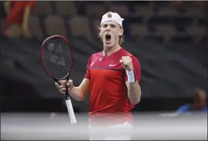  ?? CP PHOTO / JASON FRANSON ?? Canada's Denis Shapovalov celebrates a point against India's Yuki Bhambri during Davis Cup singles tennis in Edmonton on Sept. 15. No athlete in Canada held the spotlight in 2017 quite like Denis Shapovalov.