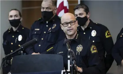  ?? Photograph: Lynda M González/ AP ?? Eddie García, the Dallas police chief, speaks at a press conference about the arrest of officerBry­an Riser.