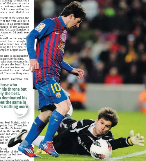  ??  ?? Clawing thin air: Lionel Messi dribbling past Granada goalkeeper Julio Cesar Jacobi to score for Barcelona at Nou Camp on Tuesday. — AFP