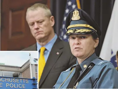  ?? STAFF FILE PHOTOS, ABOVE, BY NANCY LANE; LEFT, BY CHRIS CHRISTO ?? PROBLEM PLAGUED: Despite taking steps such as installing Col. Kerry Gilpin, above, Gov. Charlie Baker, above in background, has continued to be bedeviled with problems with the state police.