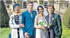  ??  ?? Above: Anoushka Sharma, in her laceembell­ished gown, with Gabriel Jagger, who gave her away. Top left: Jerry Hall and husband Rupert Murdoch. Right: Anoushka with groom James Jagger and his parents Jerry Hall and Mick Jagger