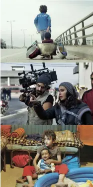  ??  ?? Previous page Nadine Labaki directs her young lead; Labaki photograph­ed at The May Fair Hotel in London, October 2018. Left, from top Zain Al Rafeea (Zain) pulls Boluwatife Treasure Bankole (Yonas) in the ‘pram’; Labaki on set; the two young stars of the film