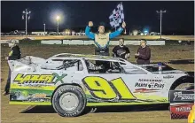  ?? NITROMAN MEDIA ?? Chad Homan celebrates his second Pro Fabricatio­n RUSH Late Model at Humberston­e Speedway Sunday.