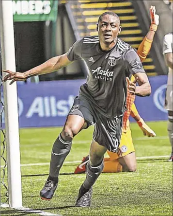  ?? AP ?? Portland forward Fanendo Adi celebrates his second goal of season in shutout victory over NYCFC.