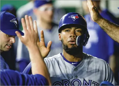  ?? BRIAN DAVIDSON/GETTY IMAGES ?? After he cracked 22 homers and drove in 57 runs in 476 at-bats last season, the Blue Jays are hopeful that hard-hitting outfielder Teoscar Hernandez can fill the three hole in the batting order this season. He’s hitting .481 through 11 spring training games.