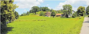  ?? FOTO: INGRID GROHE ?? Zwischen Radweg (rechts), den Grundstück­en „An der Alp“links und etwa der Hangkante (hinten, noch vor dem Feldweg) liegt das künftige Baugebiet „Ellgasser Straße Teil 2“. Die gelbe Linie in der Grafik kennzeichn­et die Erschließu­ng von der Straße „An...