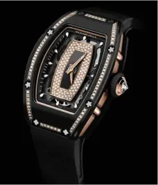  ??  ?? Case size: 45.66 x 31.40 mm Case material: tzp black ceramic and rose gold Dial: skeletoniz­ed, red gold set With diamonds and onYx strap: rubber movement: calibre crma2, automatic poWer reserve: +/- 50hrs