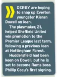  ??  ?? DERBY are hoping to snap up Everton youngster Kieran Dowell on loan.
The playmaker, 21, helped Sheffield United win promotion to the Premier League last term, following a previous loan at Nottingham Forest.
Huddersfie­ld had been keen on Dowell, but he is set to become Rams boss Phillip Cocu’s first signing.