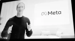  ?? AP ?? Seen on the screen of a device in Sausalito, California, Facebook CEO Mark Zuckerberg announces their new name, Meta, during a virtual event yesterday.