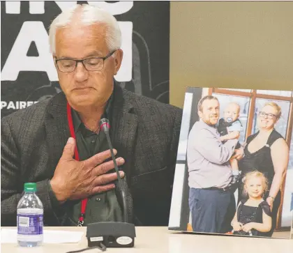  ?? BRANDON HARDER ?? Lou Van de Vorst, whose son, daughter-in-law and two grandchild­ren were killed in a crash caused by a drunk driver, takes a moment to collect himself during a media conference Wednesday about a steep drop in the province’s impaired driving numbers last year.