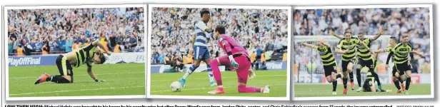  ?? PICTURES: SIMON HULME ?? LOW THEN HIGH: Michael Hefele was brought to his knees by his penalty miss but after Danny Ward’s save from Jordon Obita, centre, and Chris Schindler’s success from 12 yards, the joy was untramelle­d.