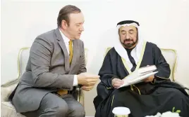  ??  ?? SUPPORTING TALENT: Sheikh Sultan bin Mohammed Al Qassimi, Ruler of Sharjah, right, meets with Kevin Spacey in Sharjah. (AP)