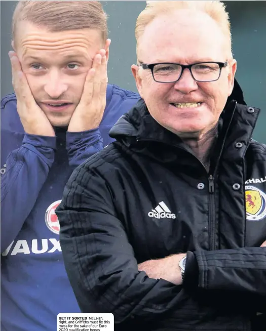  ??  ?? GET IT SORTED McLeish, right, and Griffiths must fix this mess for the sake of our Euro 2020 qualificat­ion hopes WIND-UP MERCHANT Celtic striker Griffiths