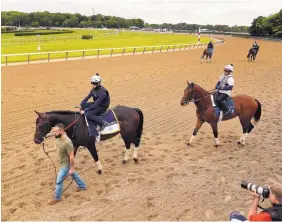  ?? JULIE JACOBSON/ASSOCIATED PRESS ?? Belmont Stakes hopeful Gronkowski, left, is led onto the track for a workout Thursday. The fan favorite horse, named after the New England Patriots star tight end, will race in North America for the first time Saturday.