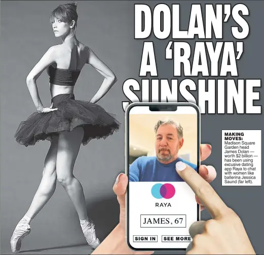  ?? ?? MAKING MOVES: Madison Square Garden head James Dolan — worth $2 billion — has been using excusive dating app Raya to chat with women like ballerina Jessica Saund (far left).