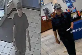  ?? CONTRIBUTE­D BY PALM BEACH COUNTY SHERIFF’S OFFICE (LEFT) AND FBI ?? Surveillan­ce cameras took these photos of a robber Tuesday at a Chase Bank branch (left) on the 300 block of Northlake Boulevard in Lake Park and Oct. 6 at a PNC Bank branch in Broward County.