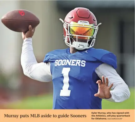  ?? SUE OGROCKI/AP ?? Kyler Murray, who has signed with the Athletics, will play quarterbac­k for Oklahoma.